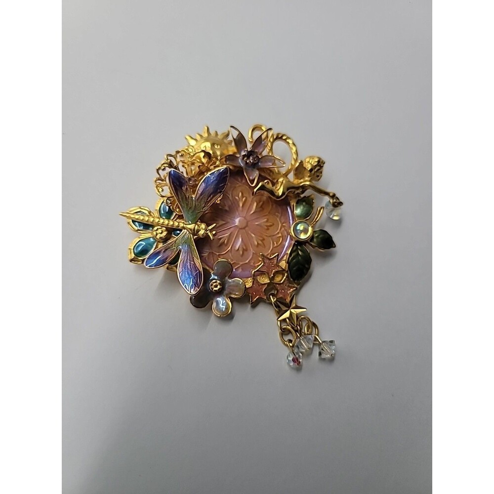Vintage Kirks Folly Fairy Dragonfly Garden Brooch Iridescent Medallion Retired - Picture 14 of 16